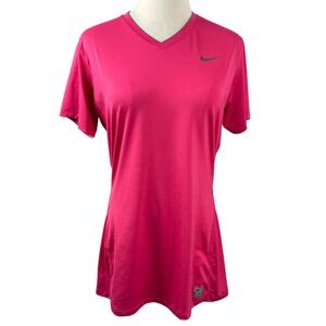Nike Women XL Pro Fitted Shirt Pink V Neck SS Athletic Top 274723-618 Y2K Sporty